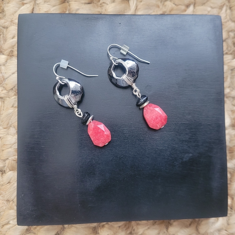 Chico's Gunmetal Hoop with Red Faceted Teardrop Stone Dangle Earrings